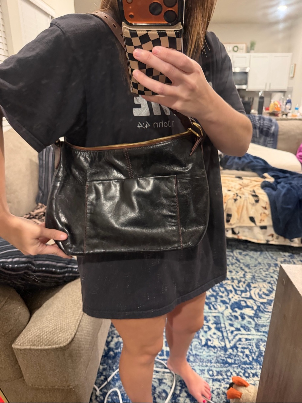 HOBO International Black Leather Shoulder Bag Purse Brown Strap